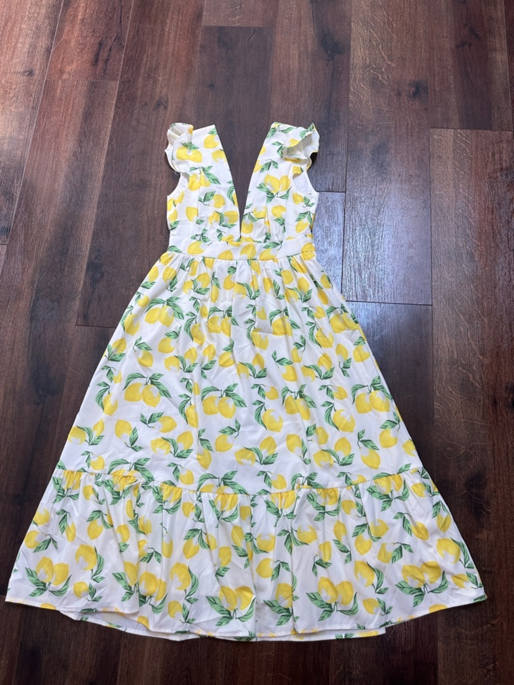 Pink Lily White Midi Dress with Yellow Lemon Print